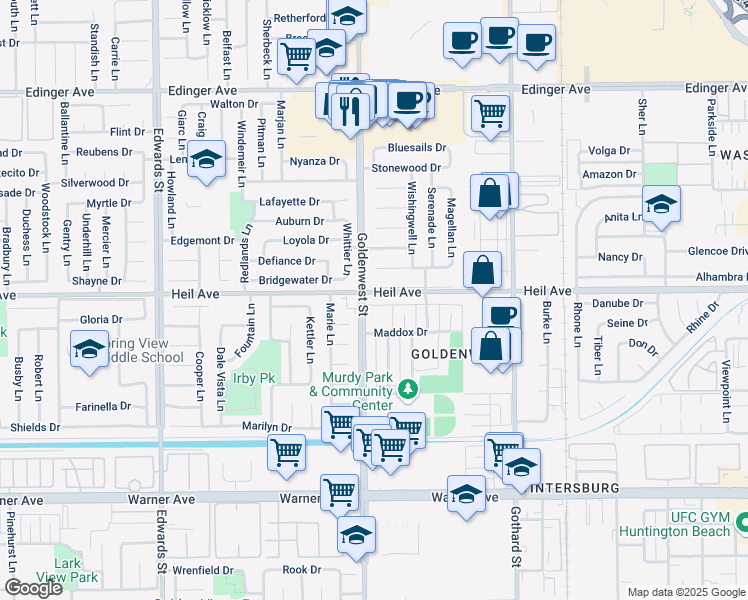 map of restaurants, bars, coffee shops, grocery stores, and more near 7001 Heil Avenue in Huntington Beach