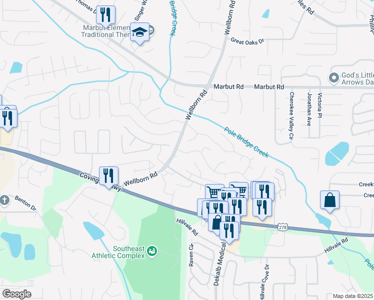 map of restaurants, bars, coffee shops, grocery stores, and more near 2232 Hightrail Court in Lithonia