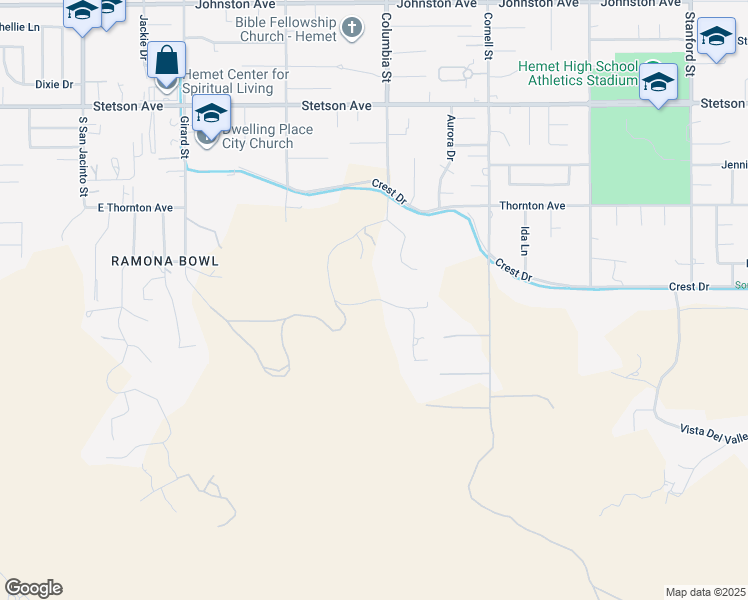 map of restaurants, bars, coffee shops, grocery stores, and more near Quail Road in Hemet