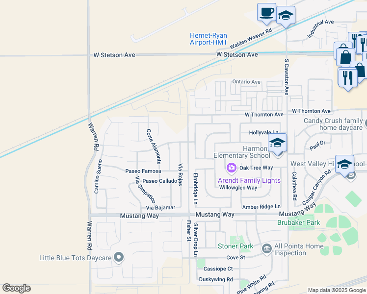 map of restaurants, bars, coffee shops, grocery stores, and more near 1436 Via Rojas in Hemet