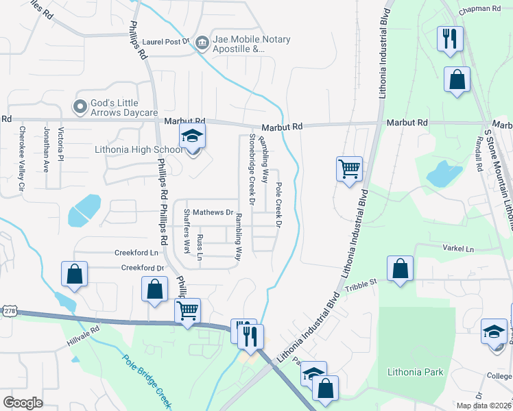 map of restaurants, bars, coffee shops, grocery stores, and more near 3040 Stonebridge Creek Drive in Lithonia