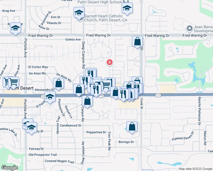 map of restaurants, bars, coffee shops, grocery stores, and more near 44-800 Village Court in Palm Desert