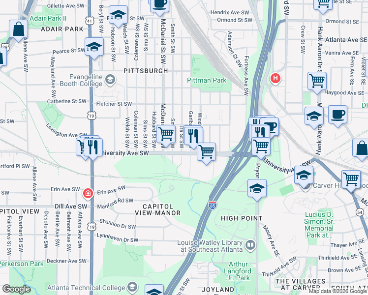 map of restaurants, bars, coffee shops, grocery stores, and more near 1164 Smith Street Southwest in Atlanta