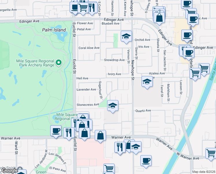 map of restaurants, bars, coffee shops, grocery stores, and more near 16552 Mount Kibby Street in Fountain Valley