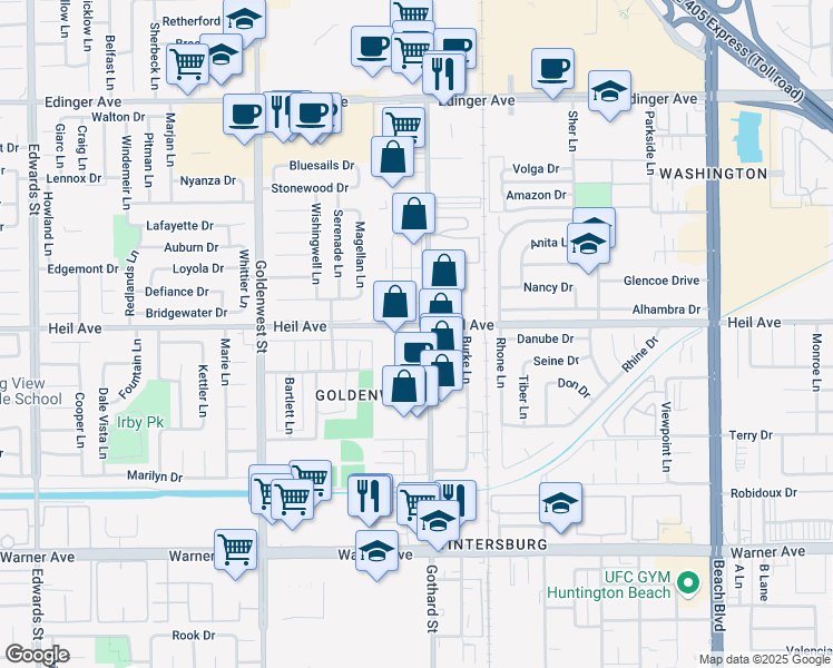 map of restaurants, bars, coffee shops, grocery stores, and more near 16562 Heil Avenue in Huntington Beach
