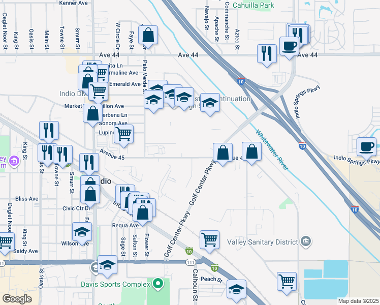 map of restaurants, bars, coffee shops, grocery stores, and more near 83534 Avenue 45 in Indio