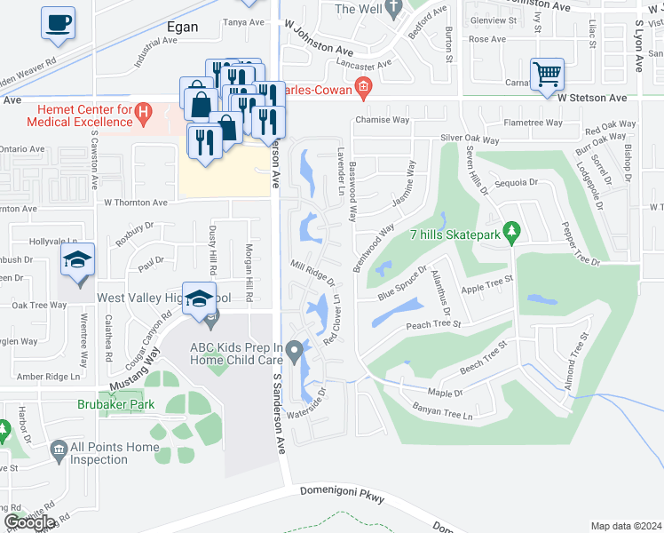 map of restaurants, bars, coffee shops, grocery stores, and more near 3065 Statice Court in Hemet