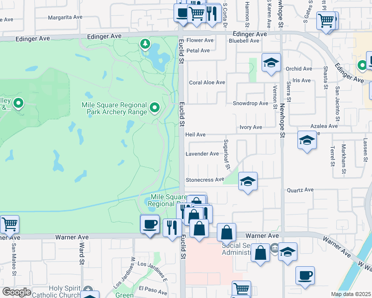 map of restaurants, bars, coffee shops, grocery stores, and more near 2 Euclid Street in Fountain Valley