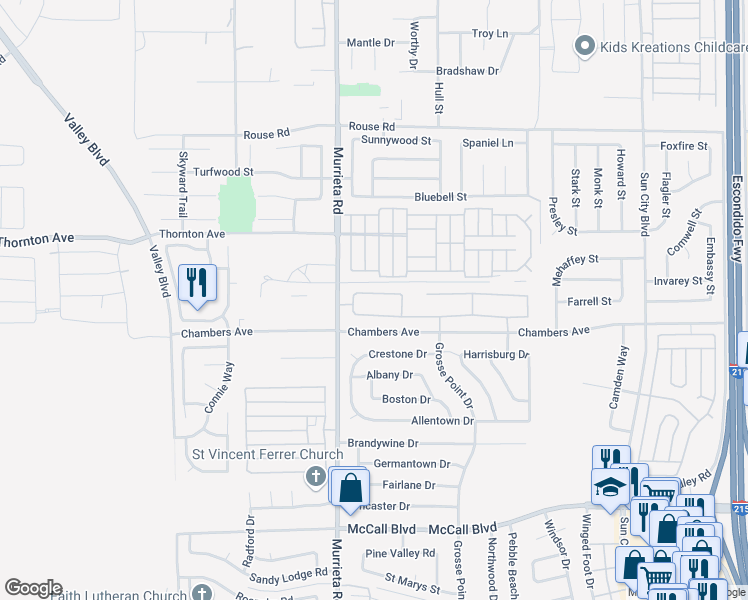 map of restaurants, bars, coffee shops, grocery stores, and more near 26075 Palm Breeze Lane in Menifee
