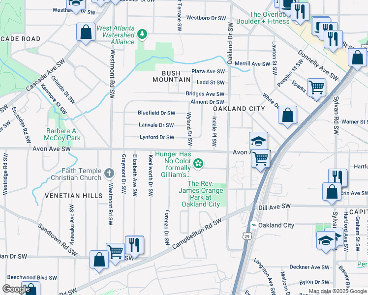 map of restaurants, bars, coffee shops, grocery stores, and more near 1321 Avon Avenue Southwest in Atlanta
