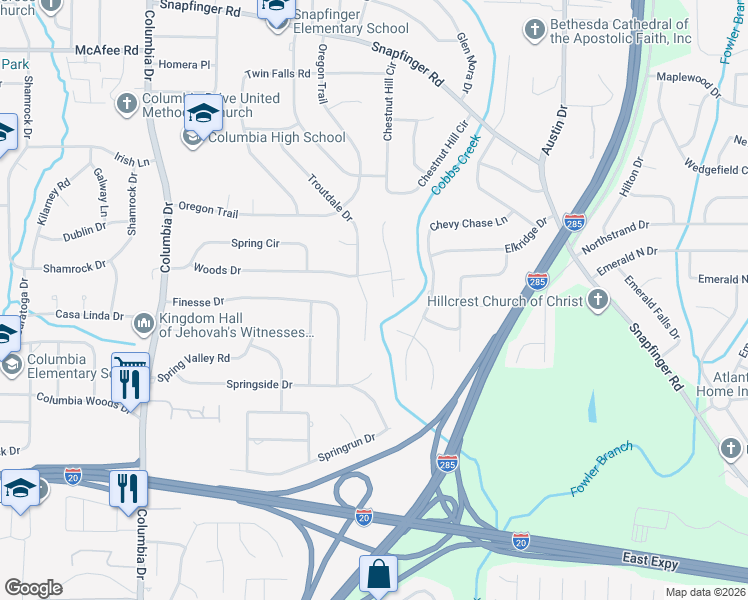 map of restaurants, bars, coffee shops, grocery stores, and more near 2268 Troutdale Drive in Decatur