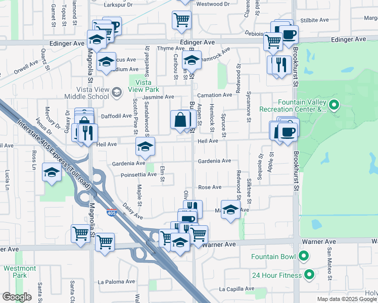 map of restaurants, bars, coffee shops, grocery stores, and more near in Fountain Valley