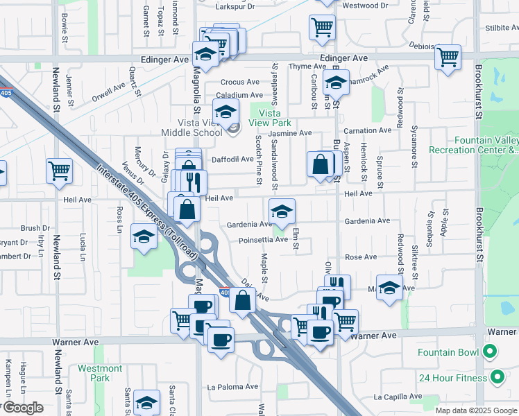 map of restaurants, bars, coffee shops, grocery stores, and more near 16516 Walnut Street in Fountain Valley