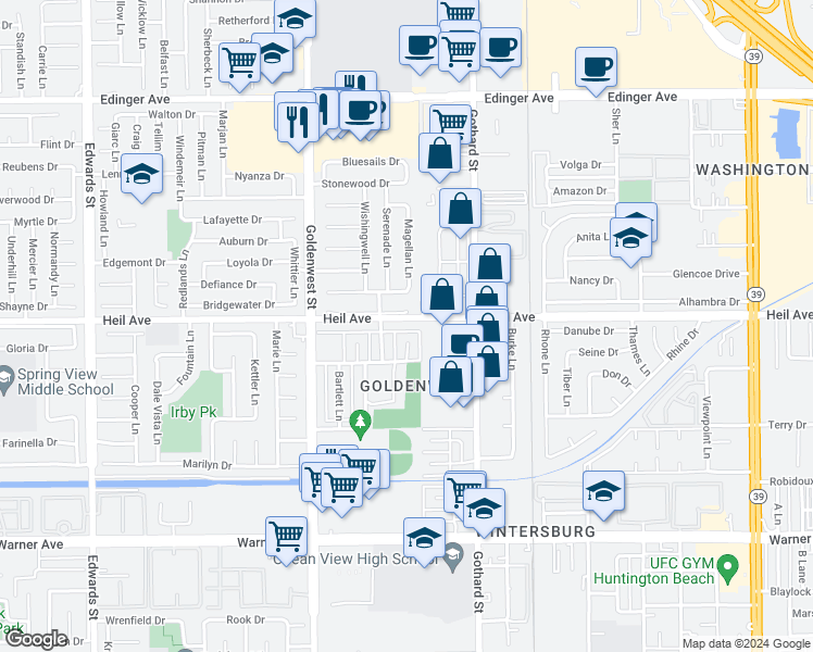 map of restaurants, bars, coffee shops, grocery stores, and more near 7161 Heil Avenue in Huntington Beach