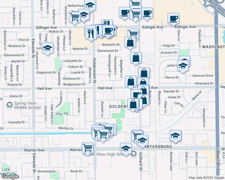 map of restaurants, bars, coffee shops, grocery stores, and more near 7161 Heil Avenue in Huntington Beach