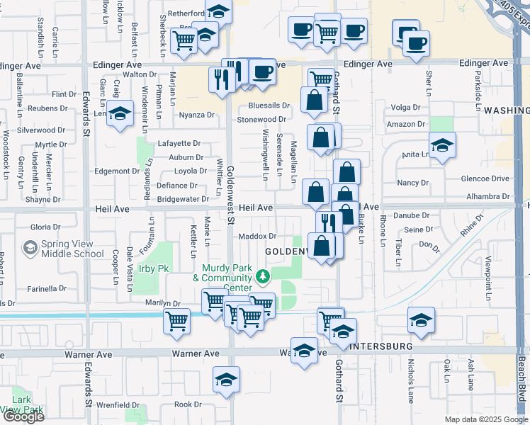 map of restaurants, bars, coffee shops, grocery stores, and more near 7091 Heil Avenue in Huntington Beach