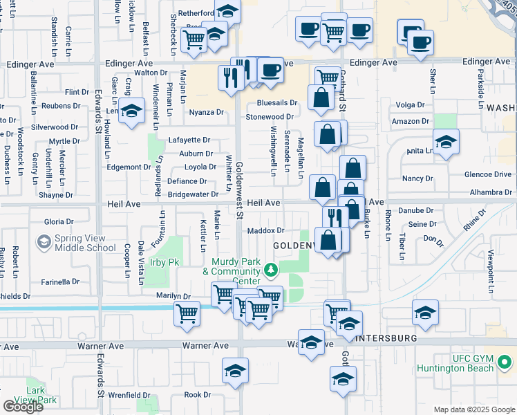 map of restaurants, bars, coffee shops, grocery stores, and more near 7091 Heil Avenue in Huntington Beach