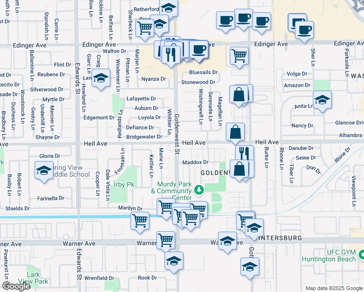 map of restaurants, bars, coffee shops, grocery stores, and more near 7001 Heil Avenue in Huntington Beach
