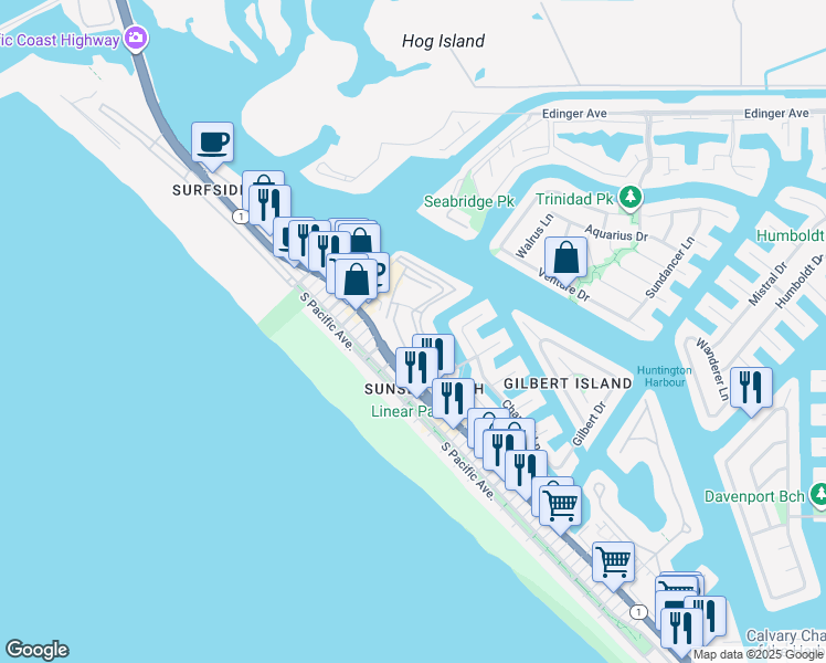 map of restaurants, bars, coffee shops, grocery stores, and more near in Huntington Beach