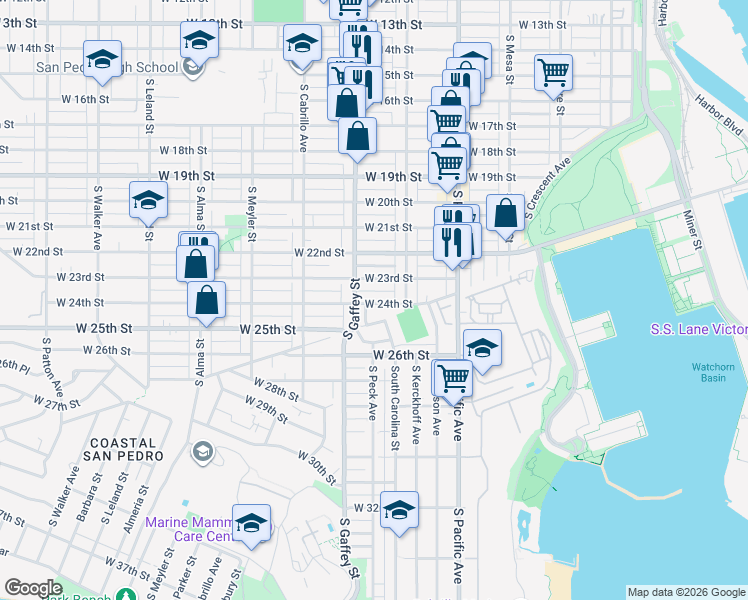map of restaurants, bars, coffee shops, grocery stores, and more near 657 West 23rd Street in Los Angeles