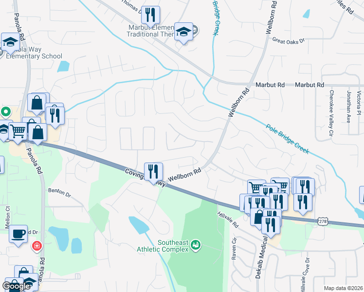 map of restaurants, bars, coffee shops, grocery stores, and more near 5716 Windfall Lane in Lithonia