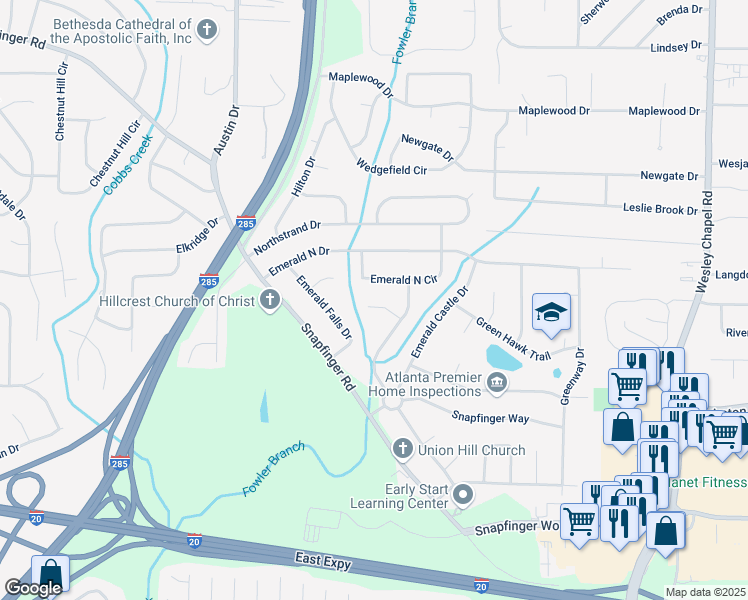 map of restaurants, bars, coffee shops, grocery stores, and more near 3967 Emerald North Circle in Decatur