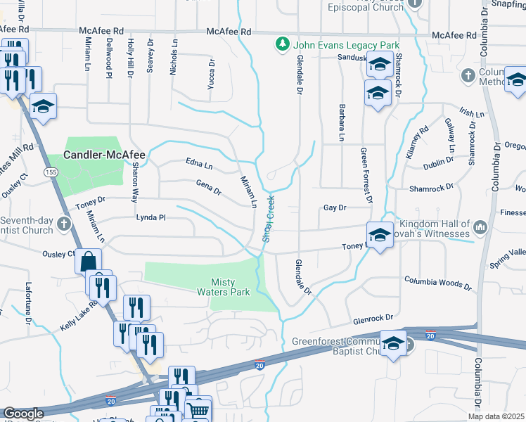 map of restaurants, bars, coffee shops, grocery stores, and more near 2480 Miriam Lane in Decatur