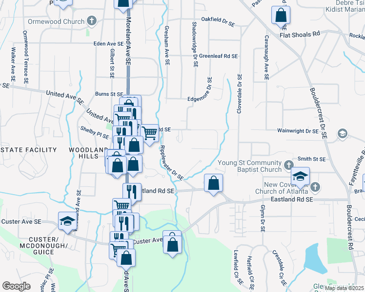 map of restaurants, bars, coffee shops, grocery stores, and more near 1353 Skyhaven Road Southeast in Atlanta