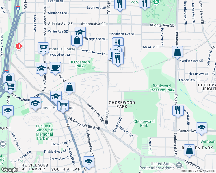 map of restaurants, bars, coffee shops, grocery stores, and more near 331 Skylar Way Southeast in Atlanta