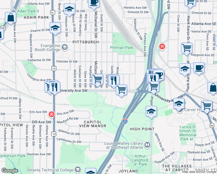 map of restaurants, bars, coffee shops, grocery stores, and more near 1164 Smith Street Southwest in Atlanta