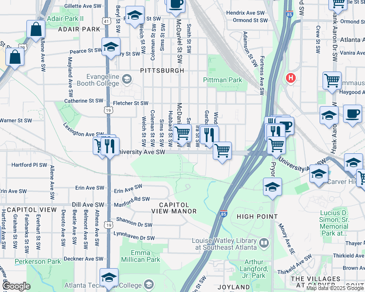 map of restaurants, bars, coffee shops, grocery stores, and more near 1169 McDaniel Street Southwest in Atlanta