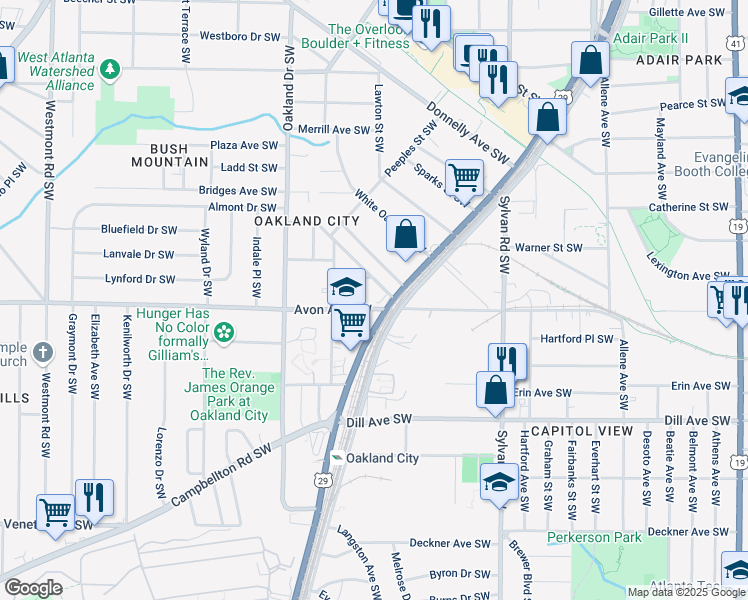 map of restaurants, bars, coffee shops, grocery stores, and more near 1089 Avon Avenue Southwest in Atlanta