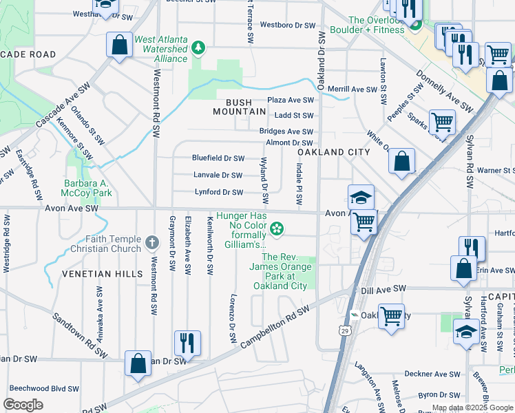map of restaurants, bars, coffee shops, grocery stores, and more near 1321 Avon Avenue Southwest in Atlanta