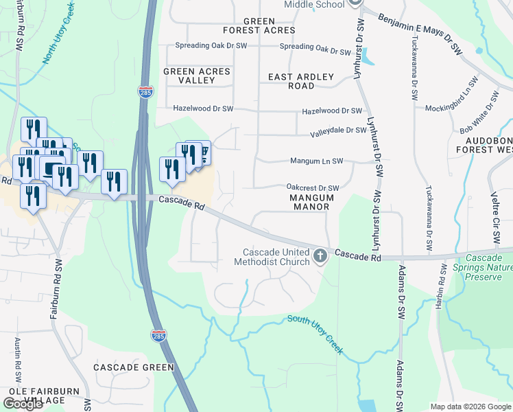 map of restaurants, bars, coffee shops, grocery stores, and more near 1344 Oakcrest Drive Southwest in Atlanta
