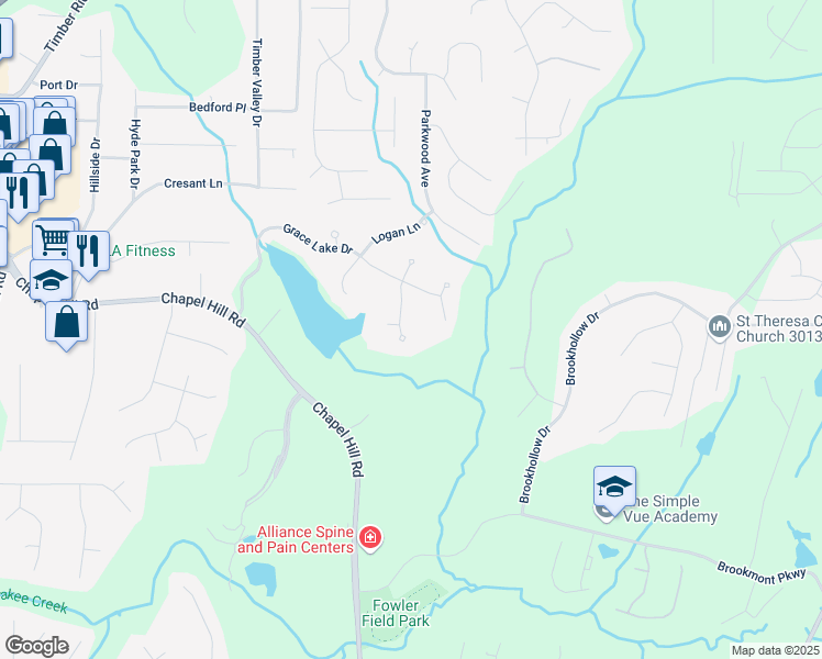 map of restaurants, bars, coffee shops, grocery stores, and more near 9600 Poplar Court in Douglasville