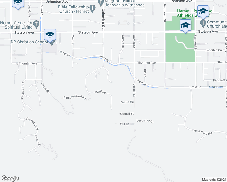 map of restaurants, bars, coffee shops, grocery stores, and more near 41080 Quail Road in Hemet