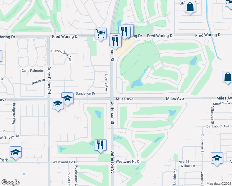 map of restaurants, bars, coffee shops, grocery stores, and more near 44125 Royal Troon Drive in Indio
