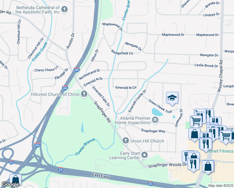 map of restaurants, bars, coffee shops, grocery stores, and more near 3938 Emerald Springs Court in Decatur