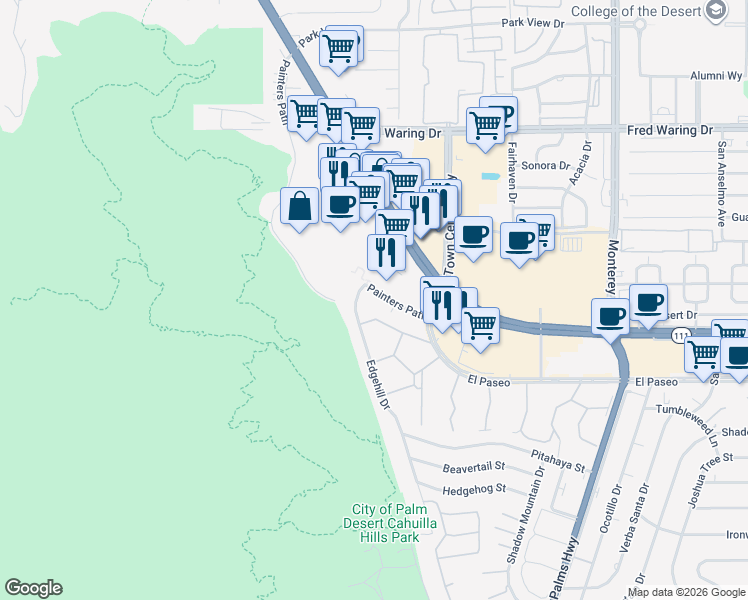 map of restaurants, bars, coffee shops, grocery stores, and more near 72227 El Paseo in Palm Desert