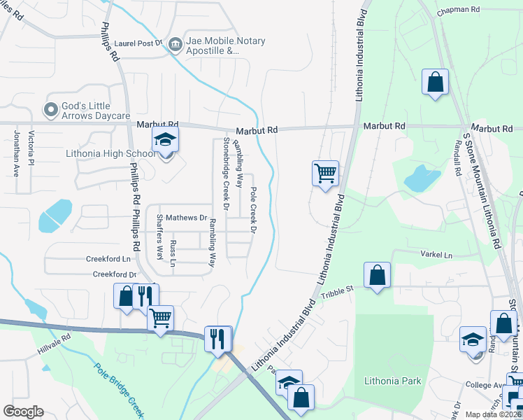 map of restaurants, bars, coffee shops, grocery stores, and more near 2103-2201 Jabco Boulevard in Lithonia