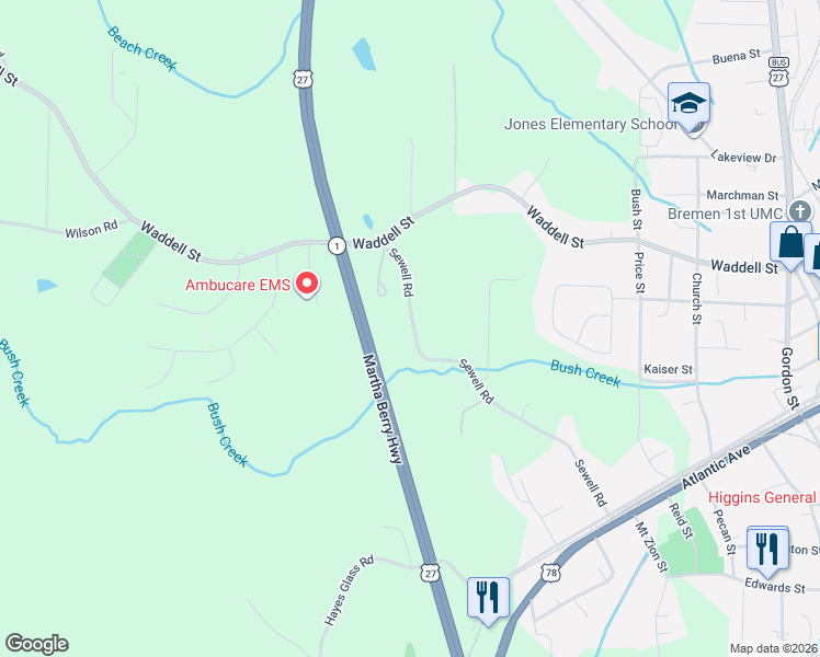 map of restaurants, bars, coffee shops, grocery stores, and more near 396 Sewell Road in Bremen