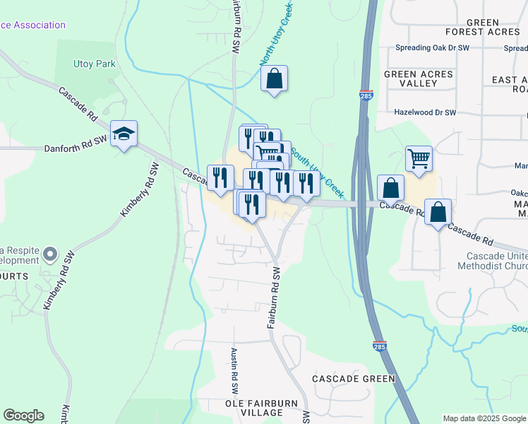 map of restaurants, bars, coffee shops, grocery stores, and more near 1180 Fairburn Road Southwest in Atlanta
