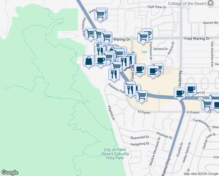 map of restaurants, bars, coffee shops, grocery stores, and more near 72227 El Paseo in Palm Desert