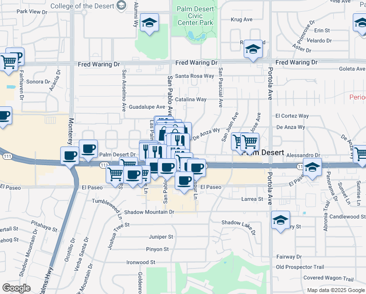 map of restaurants, bars, coffee shops, grocery stores, and more near 44790 San Pablo Avenue in Palm Desert