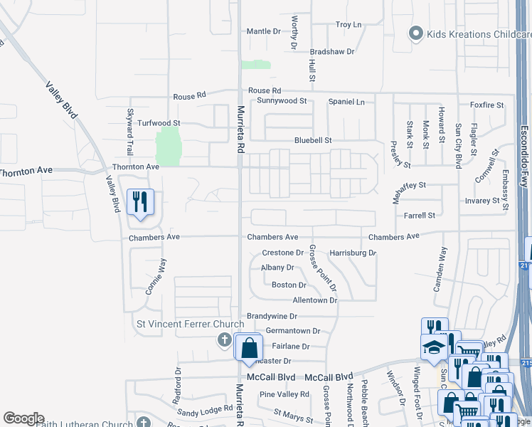 map of restaurants, bars, coffee shops, grocery stores, and more near 26075 Palm Breeze Lane in Menifee