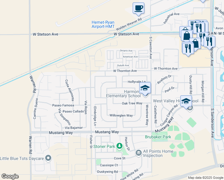 map of restaurants, bars, coffee shops, grocery stores, and more near 4685 Thornbush Drive in Hemet