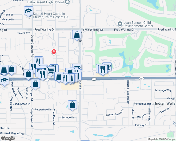 map of restaurants, bars, coffee shops, grocery stores, and more near 44920 Lakeside Dr in Indian Wells