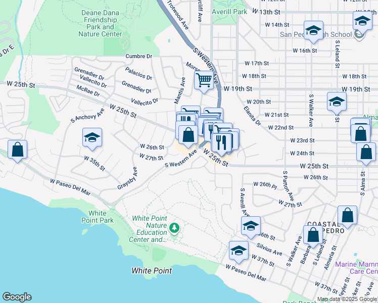 map of restaurants, bars, coffee shops, grocery stores, and more near 1609 West 25th Street in Los Angeles