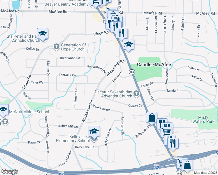 map of restaurants, bars, coffee shops, grocery stores, and more near 2304 Ousley Court in Decatur