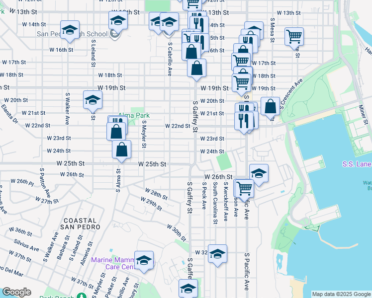 map of restaurants, bars, coffee shops, grocery stores, and more near 2317 South Gaffey Street in Los Angeles